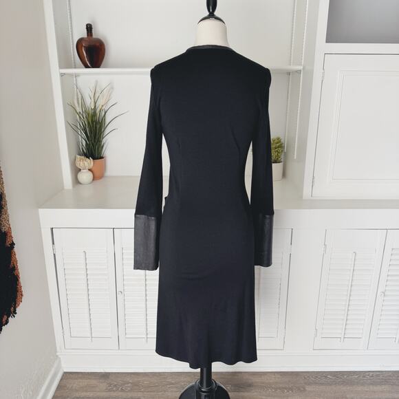 Joseph Black Wool Leather Sleeve Ruched V-Neck Muriel Midi Dress Size 10 - Picture 4 of 10